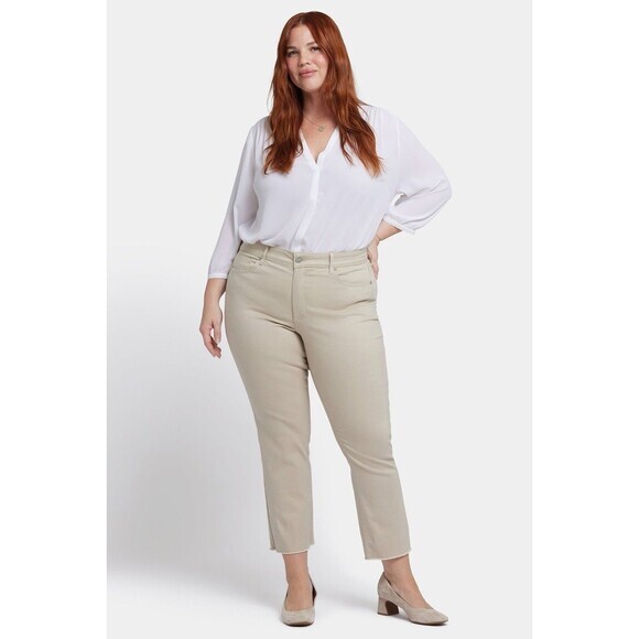 NYDJ Pants Womens Sz 20W Tan Khaki Marilyn Straight Leg Stretch Frayed Hem Ankle - Picture 1 of 16